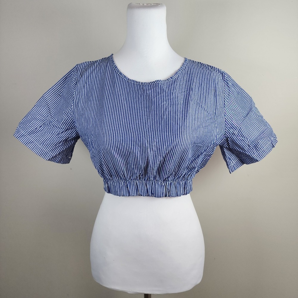 Tyli Striped Crop Top Womens Medium Blue White Preppy Blouse Shirt Made In Italy